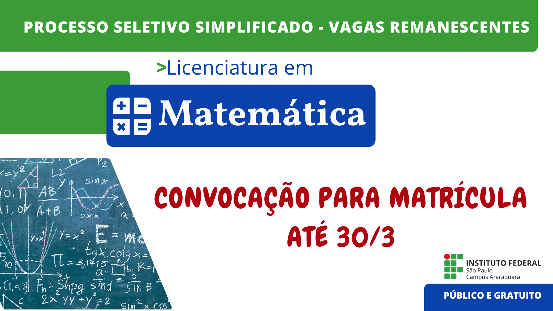 Convocação para matrícula - Processo Seletivo Licenciatura em Matemática