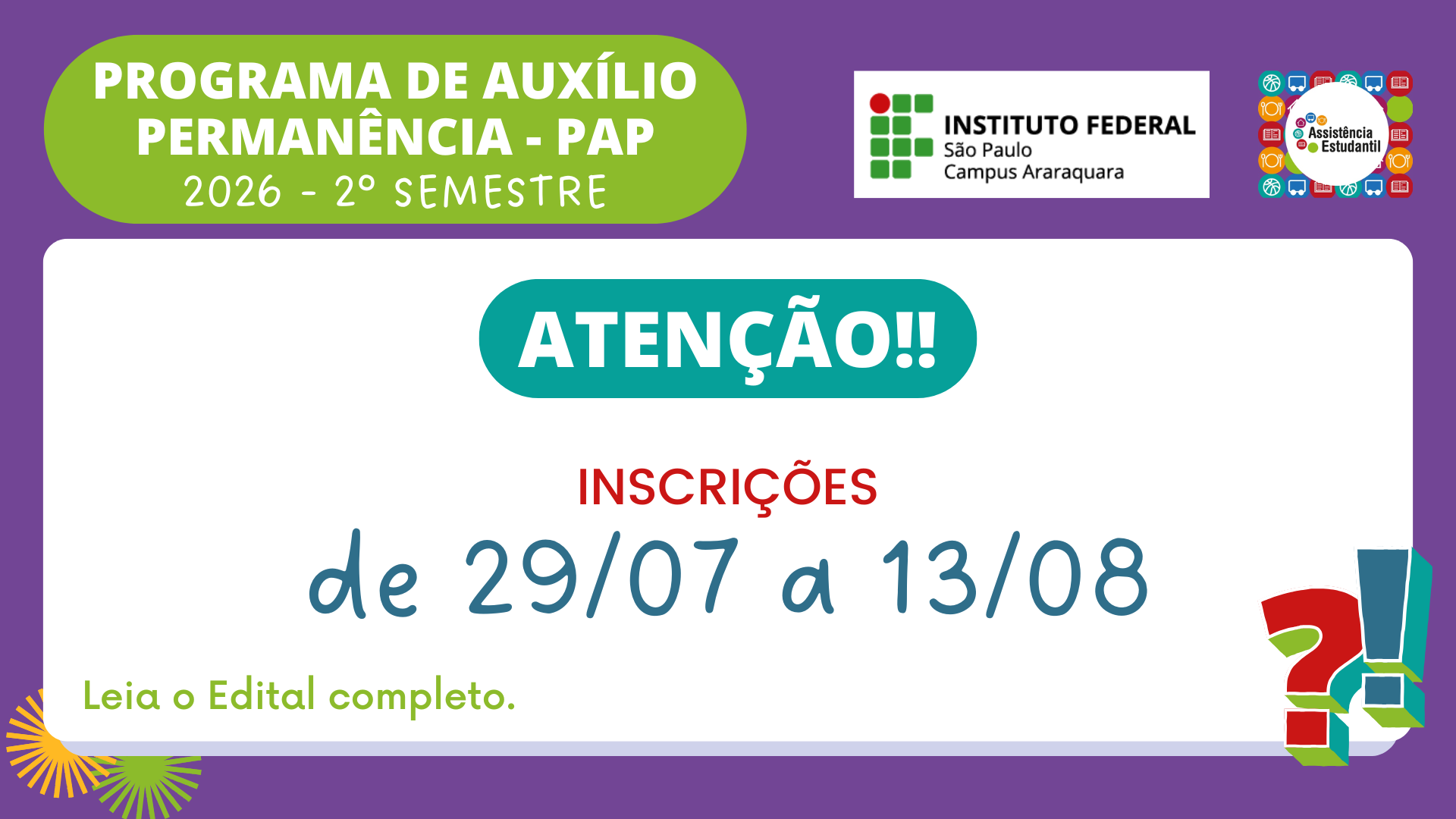 Inscrições para o PAP 2º semestre