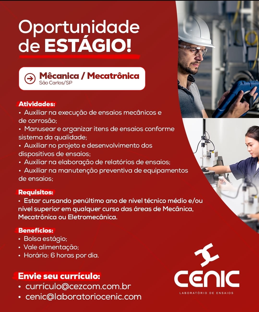 Estágio Mecânica Mecatrônica CENIC Laboratório de Ensaios