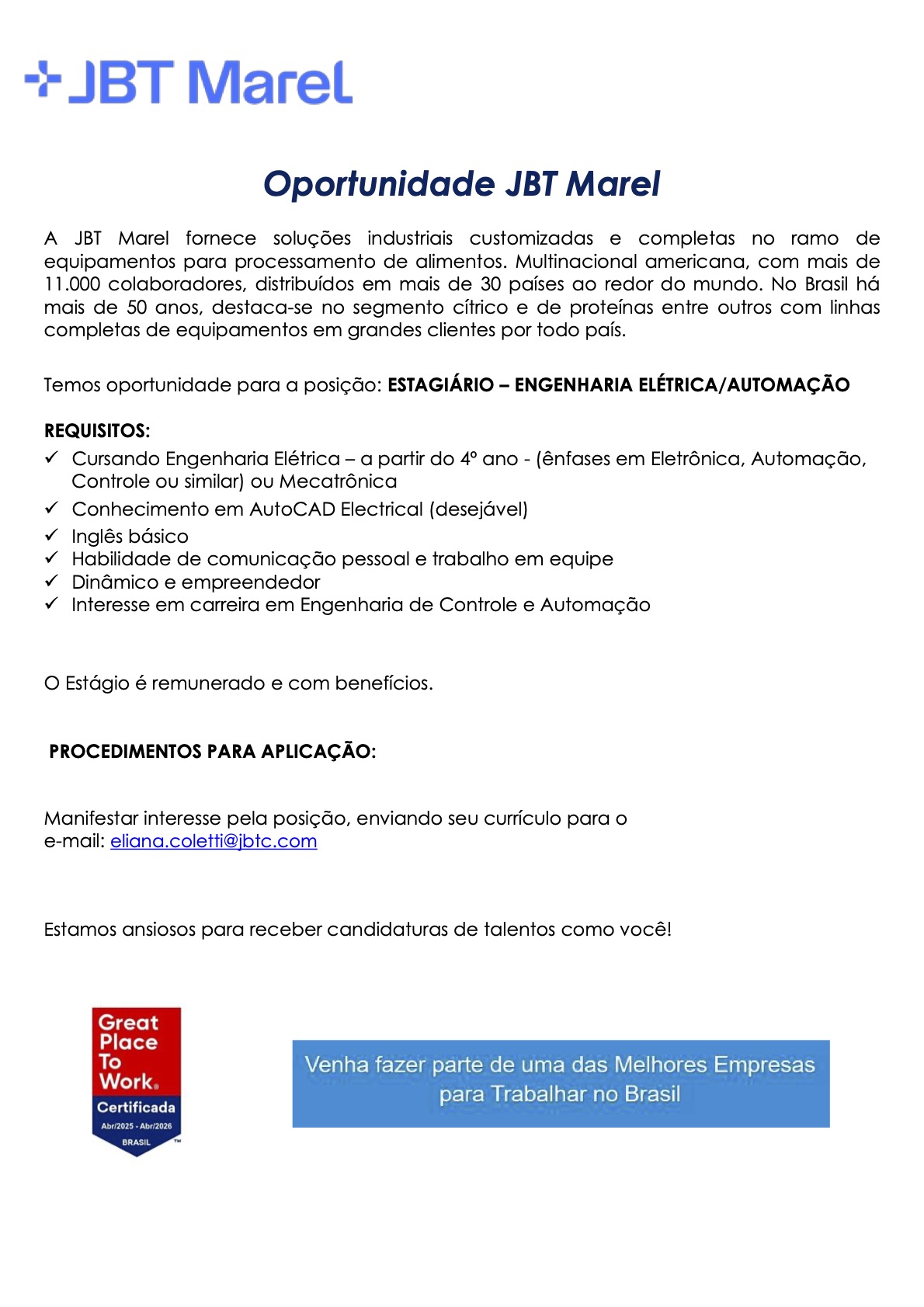 Estágio em Engenharia Elétrica Automação JBT Marel